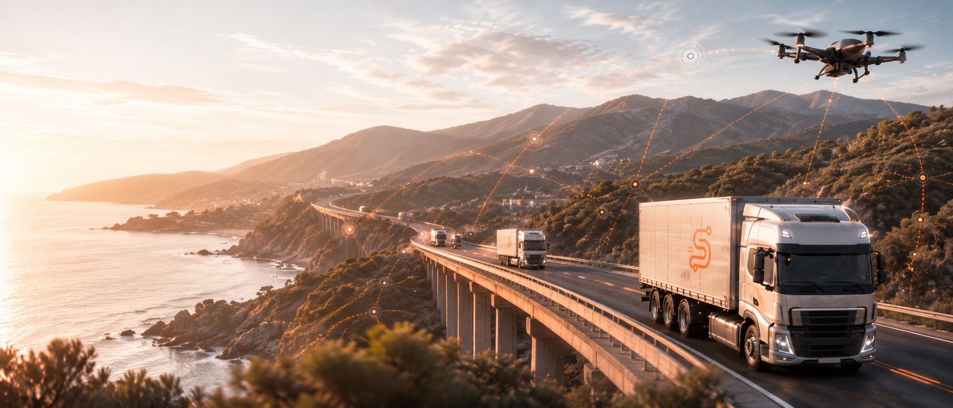 Connected Silent Run trucks travelling along a coastal highway
